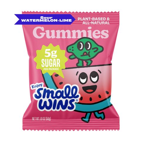 A package of Sour Watermelon-Lime Gummies with a cartoon watermelon character on the front. The package indicates the gummies are plant-based, all-natural, and have 5g sugar per package.