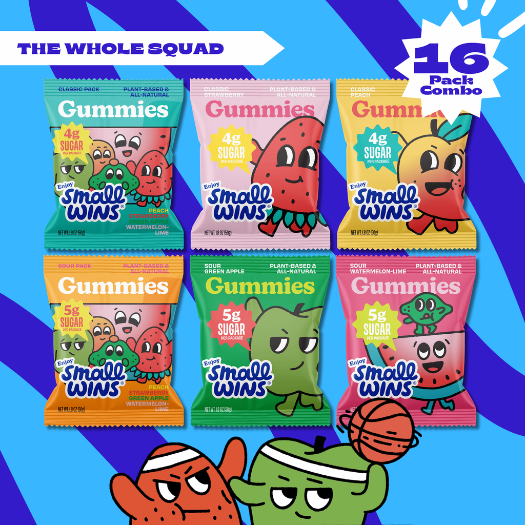 A collection of 'Small Wins' gummy candy packets in various flavors, including both classic and sour varieties. The packets feature colorful designs with cartoon characters.